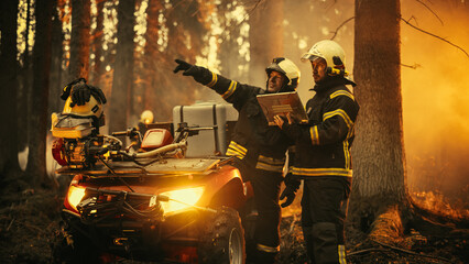 Portrait of Two Professional Firefighters Standing Next to an All-Terrain Vehicle, Using Heavy-Duty...