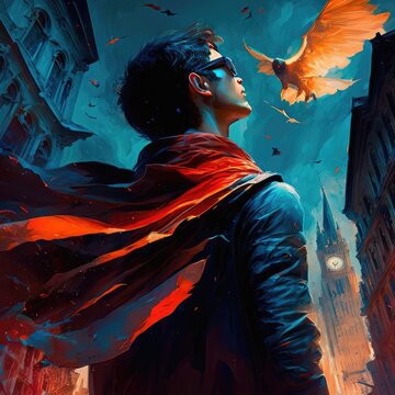 Rising Hero: Superboy Flies Over the City at Night, Generative AI