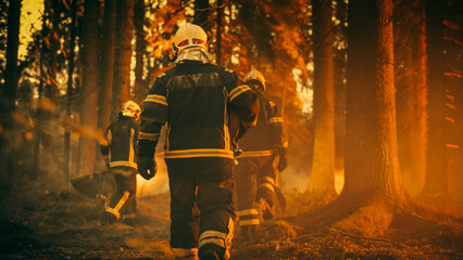 Establishing Shot: Team of Firefighters in Safety Uniform and Helmets Extinguishing a Wildland Fire, Moving Along a Smoked Out Forest to Battle Dangerous Ecological Emergency. Cinematic Footage.