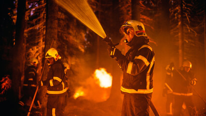 Portrait of a Handsome Caucasian Professional Firefighter Methodically Extinguishing a Forest Fire...