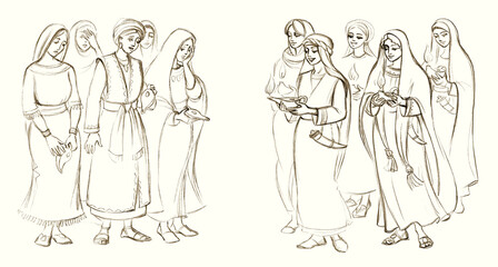 Five wise and five foolish virgins. Pencil drawing - obrazy, fototapety, plakaty