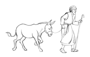 A man leads an donkey. Pencil drawing