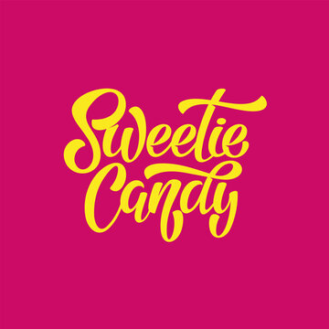 Sweetie Candy vector lettering illustration on pink background. Template for logo, uniform, cover, poster, label, signboard, post card, banner, social media