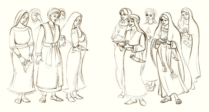 Five wise and five foolish virgins. Pencil drawing