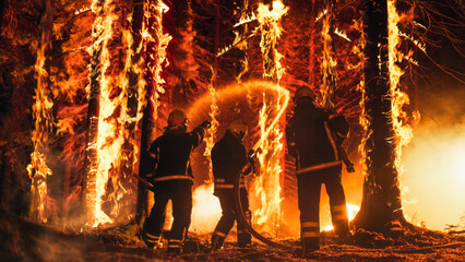 Professional Firefighters Extinguishing Large, High-Priority Part of the Forest Fire. Highly...