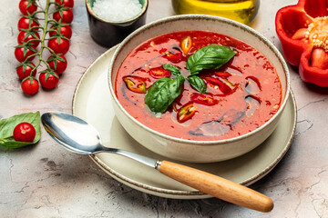 Spicy Homemade Gazpacho Soup. Summer cold vegan food on a light background. banner, menu, recipe place for text, top view