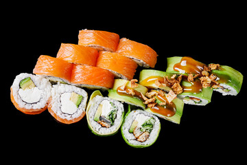 sushi roll green dragon with eel avocado cucumber cream cheese philadelphia set on a black mirror background