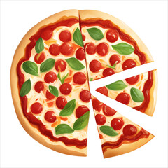 Sliced Pepperoni Cheese Pizza Top View Isolated Detailed Hand Drawn Painting Illustration