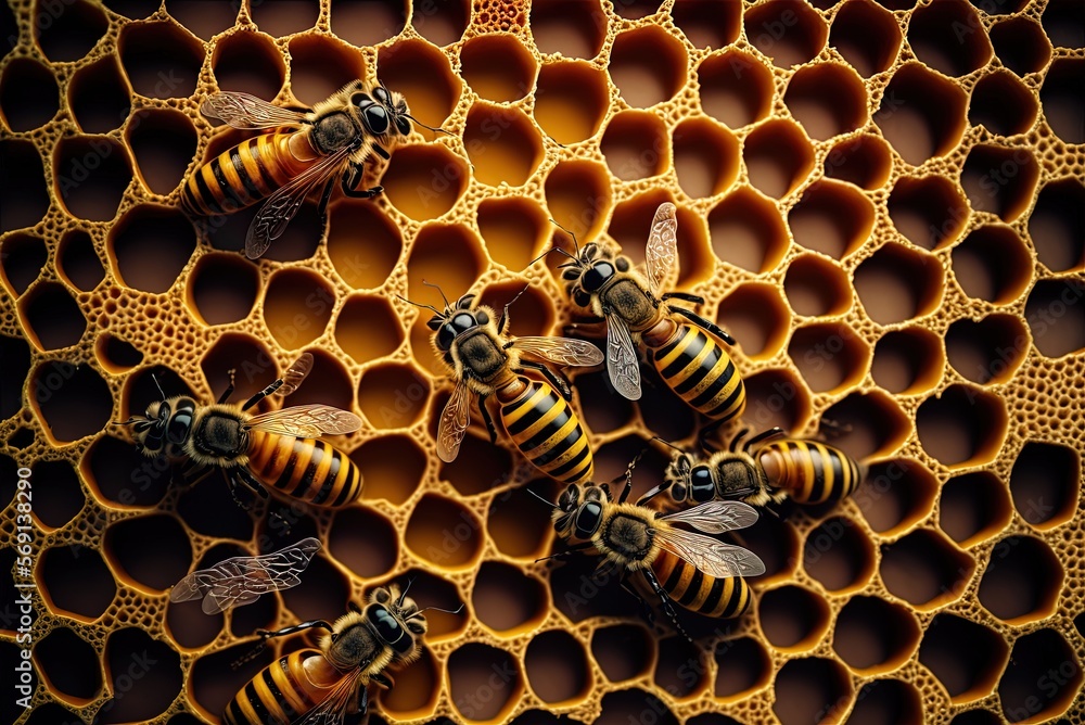 Poster a macro photograph shows busy bees at work on a honeycomb frame generative ai