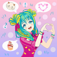 Anime girl making hand heart, speech bubble with kitten muzzle, cake, flower heart.