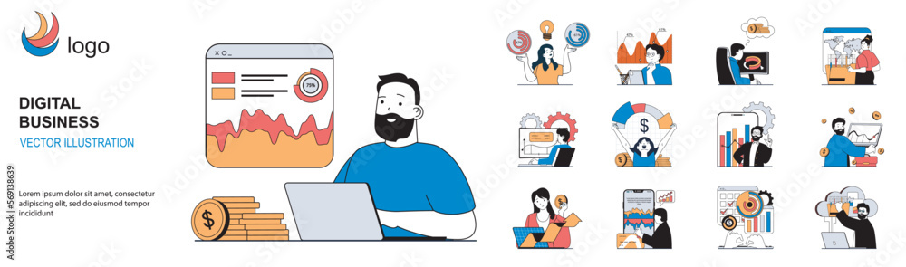 Poster digital business concept with character situations collection. bundle of scenes people create strate