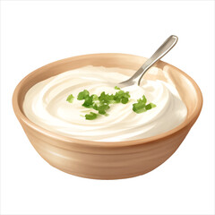 Sour Cream with Garnish in Bowl Isolated Detailed Hand Drawn Painting Illustration