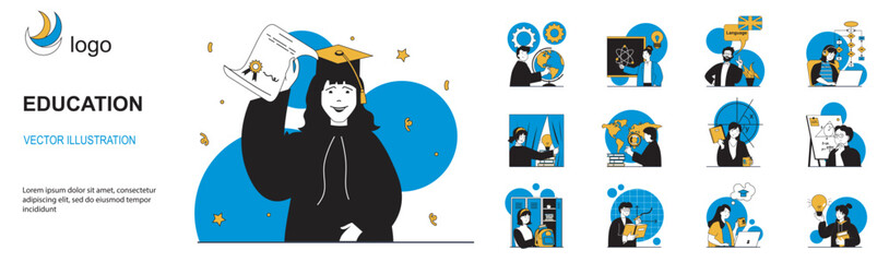 Education concept with character situations collection. Bundle of scenes people school education, science study, online course and training, graduation diploma. Vector illustrations in flat web design
