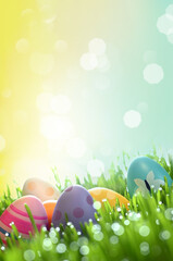 Row of Easter eggs in Fresh Green Grass