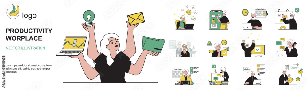 Poster productivity workplace concept with character situations collection. bundle of scenes people organiz