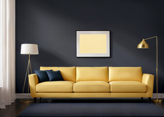 Modern interior living room. Blank picture frame on the wall. Gray walls with yellow sofa, golden floor lamp. Generative Ai