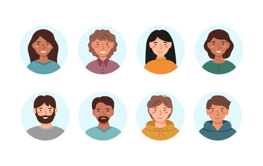 Set of portraits of different people isolated on a white background. People avatar set.