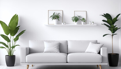 Modern interior living room. White room with white sofa, green plants in pots. Generative Ai