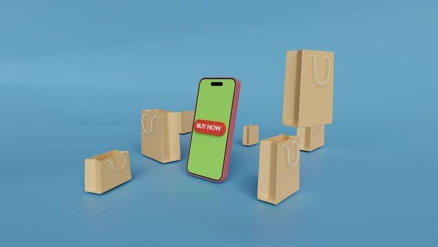 Graphic 3D motion and animation footage of selling and buying shopping online via buy now button on smartphone with shopping bags drop from above on blue sky background. For copy space.