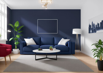 Modern interior living room. Blank picture frame on the wall. Dark blue wall room with blue sofa, green plants in floor pots. Generative Ai