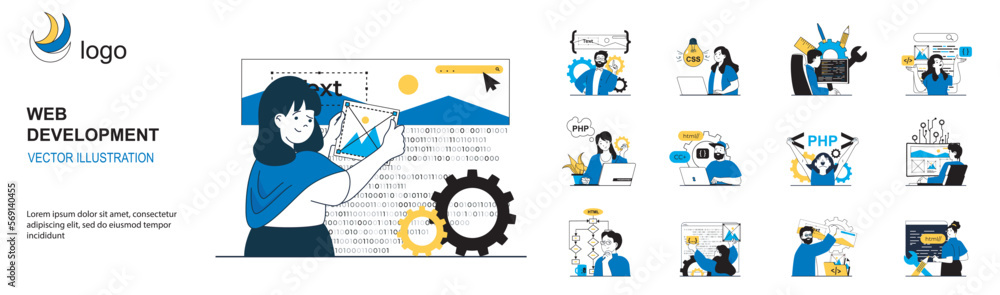 Aufkleber Web development concept with character situations collection. Bundle of scenes people design websites and homepages, work with code, place elements and content. Vector illustrations in flat web design
