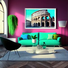 a beautiful modern minimal colourful living room in Rome near the colosseum with a 4:3 empty silver frame