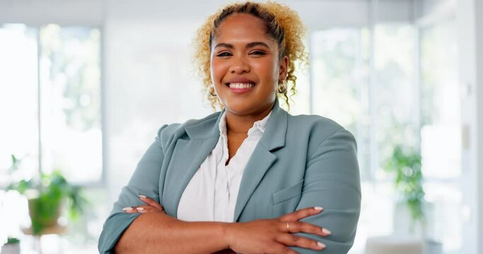 Face, consultant and black woman in modern business office happy and smiling for future of company and growth. Professional, entrepreneur or worker with a positive mindset arms crossed in workplace