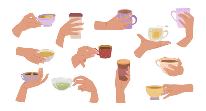 hands with cups. people holding containers with drinks coffee or tea. Vector flat colored pictures collection
