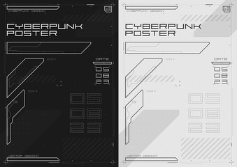 Cyberpunk futuristic poster set. Modern cyberpunk design for web and print template. Tech flyer with HUD elements. Abstract futuristic digital technology black and white design, inversion. Vector