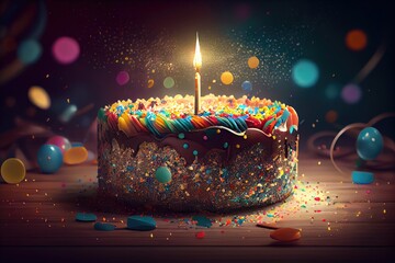 Colorful birthday cake topped with delicious icing with lit candles on top with background of colorful confetti, ultra-detailed, cinematic lighting. Generative AI.