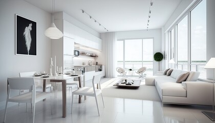 Fototapeta na wymiar Elegant modern interior condominium with, contemporary Miami style architecture, white finish with wooden details, octane render, 3d, hyper realistic, hyper detail, high quality, detail. Generative AI