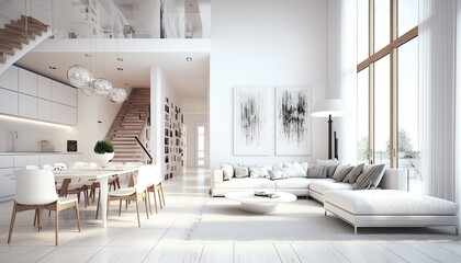 Elegant modern interior condominium with, contemporary Miami style architecture, white finish with wooden details, octane render, 3d, hyper realistic, hyper detail, high quality, detail. Generative AI