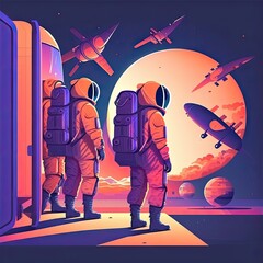 Flat illustration, USA astronauts getting ready to takeoff, astrounauts counting down, behance style, blue to orange to purple gradient colors. Generative AI.
