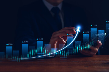 Interest rate and dividend concept. Businessman with percentage symbol and up arrow, Interest rates...
