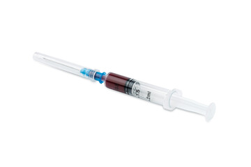 Fototapeta premium A syringe with blood for a blood test. Medical syringe with dark liquid. Drugs. Vitamins. Medicines.