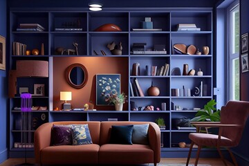Interior decoration of the room with an emphasis on the bookcase, modern decor, realistic photo. Generative AI.