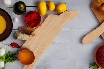 Composition with wooden board and ingredients for cooking on table - generative ai
