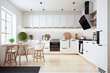 Large kitchen and neutral, modern decor. Generative AI.