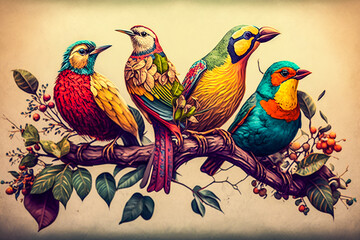 Oiseaux sur une branche, illustration - Générative IA