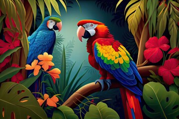 Obraz premium Tropical rainforest with macaw parrot bird with palm leaves and flowers. Generative AI.