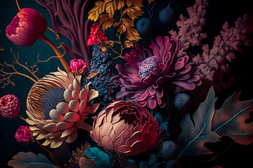 Bouquet de fleurs, papier peint nature avec fleurs et feuilles - Générative IA