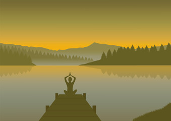 Yoga on the lake in the mountains at sunset. Vector illustration