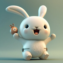 The white 3D cute anthropomorphic happy rabbit.Generative AI