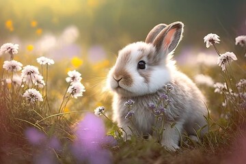 Cute small rabbit in the meadow with many colourful flowers around. Generative AI