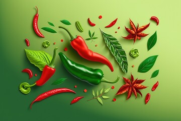 Isolated green background with flying green and red chili peppers and foliage. Cayenne pepper, cayenne pepper seasoning, fresh hot peppers, and meals. imaginative idea for vegetables and food