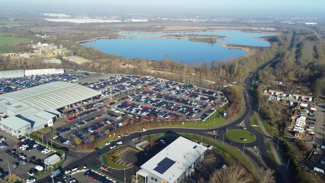 Aerial Footage of Huge Car Parking at Kempston Bedford Town of England UK