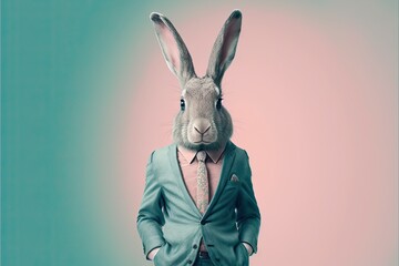 Elegant adult rabbit wearing a formal jacket on a color background. Generative AI.