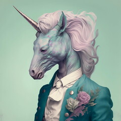 
Creatura di fantasia ibrida surreale, metà unicorno, metà uomo, che indossa abiti umani, colore pastello, illustrazione