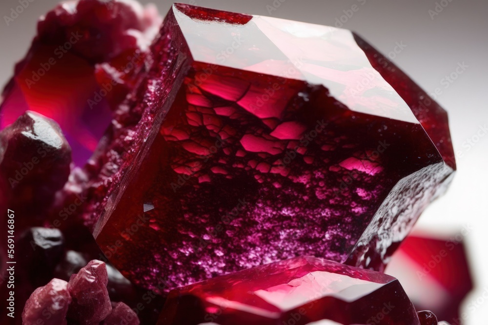 Poster macro mineral stone close up of a ruby on a white background. generative ai