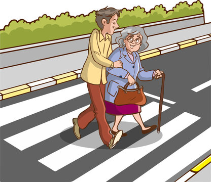 young man helping old woman cartoon vector